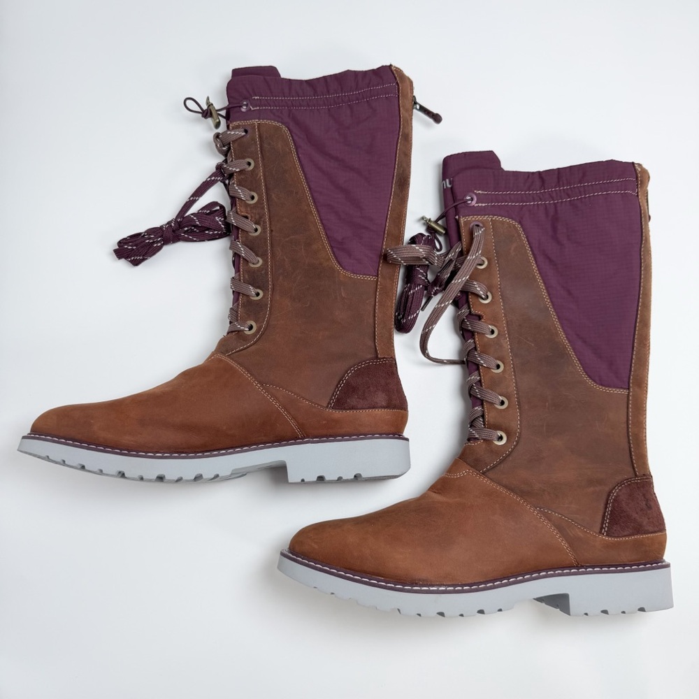 Ahnu Brown Leather Polartec Purple Gray Tall Boots Zipper Tie Women’s Size 7
